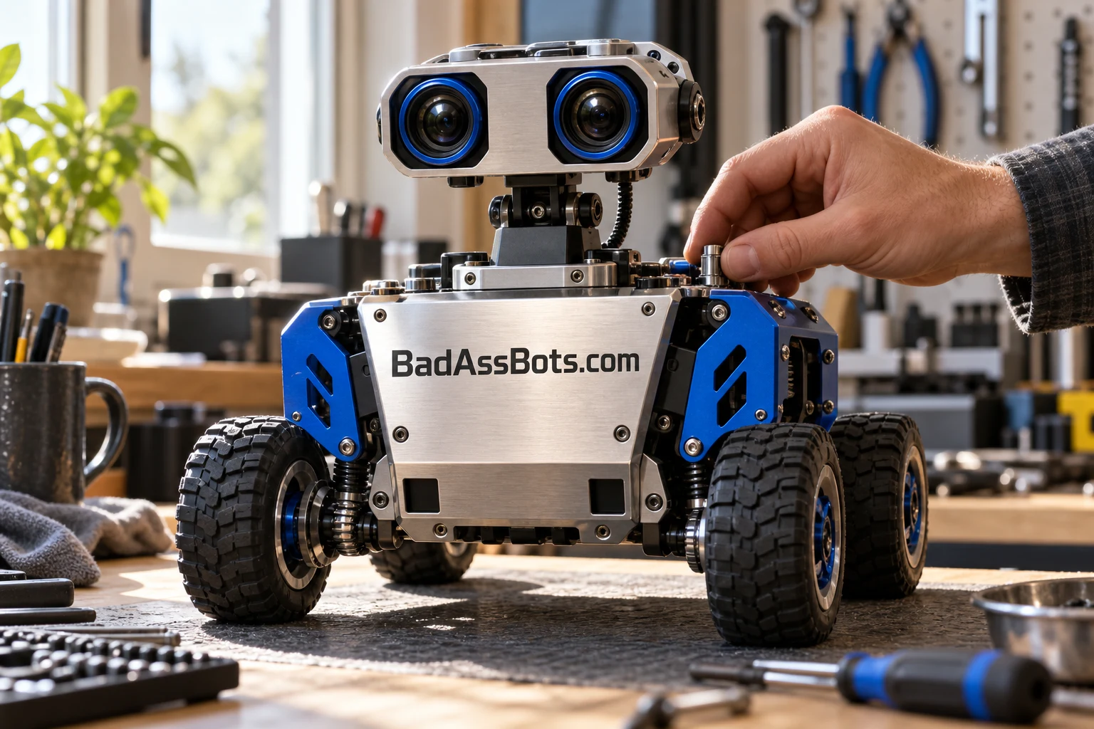 Cobalt and brushed-metal robot on an engineering workbench, branded BadAssBots.com